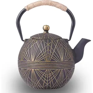 Enameled Cast Iron Teapot 34oz 1000ml - Japanese Style Kettle with Removable Stainless Infuser & Ergonomic Handle, Stovetop Safe for Loose Leaf Tea Green and silver (Black Gold)