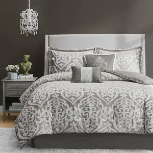 Madison Park Tesla Cozy Comforter Set Jacquard Damask Medallion Design - All Season down Alternative Bedding, Shams, Bedskirt, Decorative Pillows, Queen, Silver 6 Piece E&E Co. Ltd DBA JLA Home