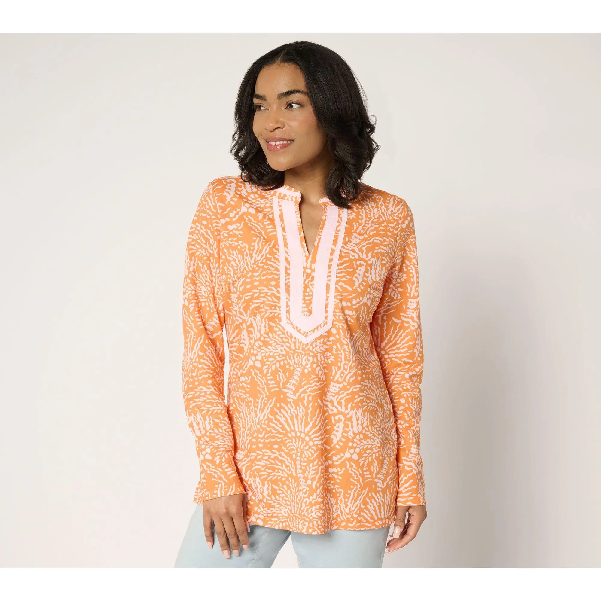 Bellisima by Kim Gravel Petite Cabana Knit Palm Trim Tunic