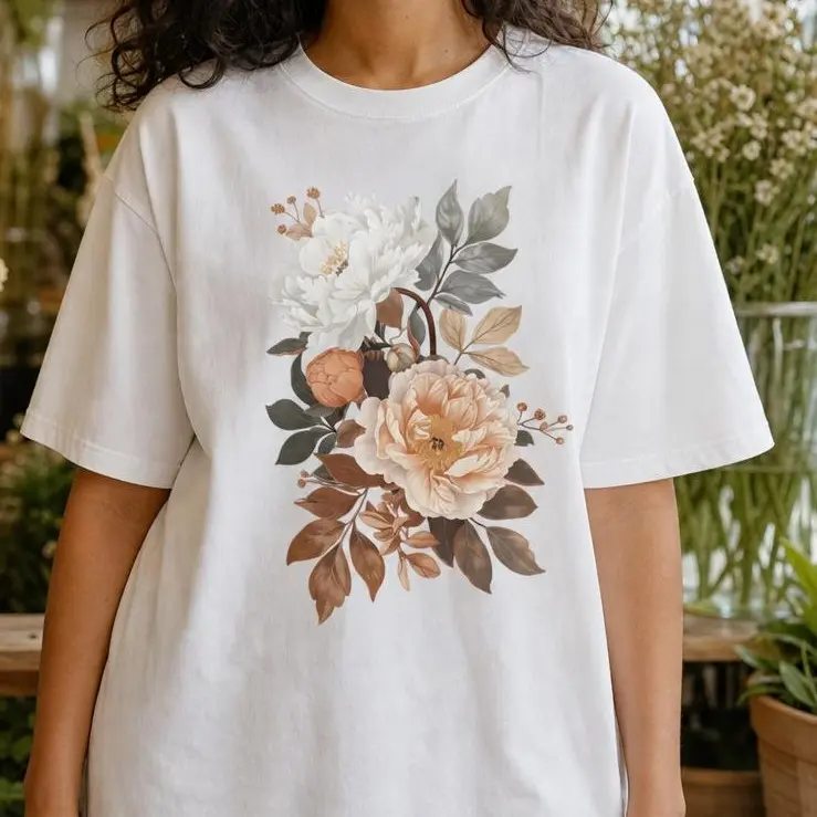 Vintage Botanical Floral Women's 100% Cotton Elegant Cottagecore Graphic Tee