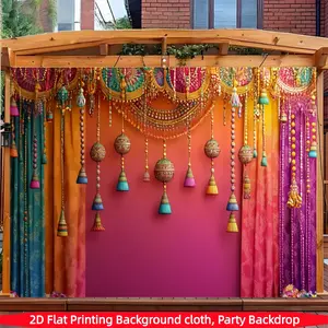 Traditional Indian Festival Background Banner, Polyester Fabric with Colorful Fringe and Beads, Perfect for Weddings, Festivals, Parties, Photography, Party Decorations Banners, Wedding Party Backdrop