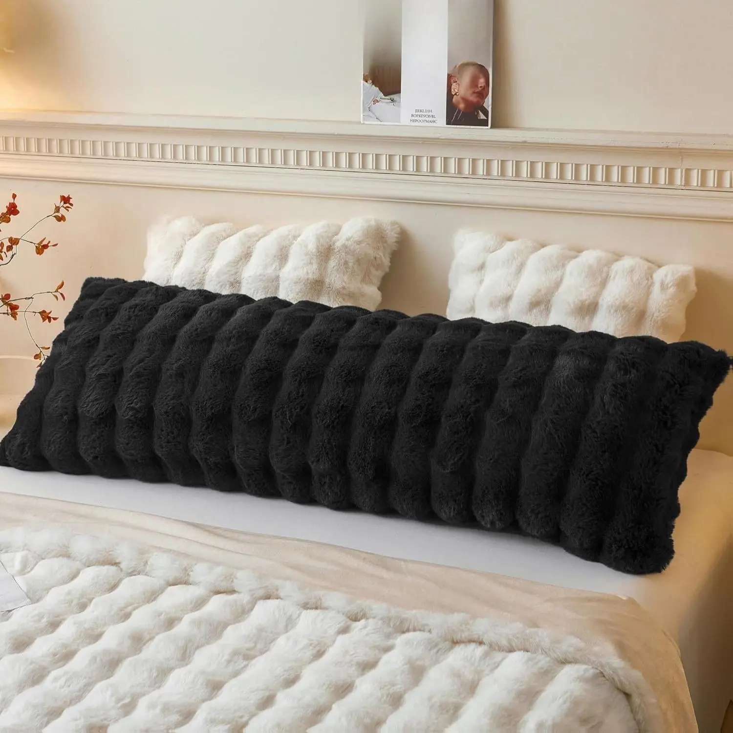 [New Deal]- Fluffy Faux Rabbit Fur Body Pillow Cover, Luxury Bubble Waffle Shaggy Plush Bed Body Pillowcase with Zipper Closure, Long 20"x54" Fuzzy Furry Pillow Case for Adults Kids Girls Teens, Black