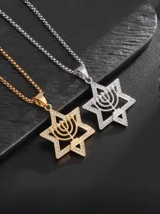 Men's David Star Pendant Necklace, Stainless Steel Chain, Geometric Design with Micro-Paved Zirconia, Hip-Hop Street Style Jewelry, Fashionable and Unique