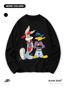 Classic Cartoon Looney Tunes Bugs Bunny and Daffy Duck Print Long Sleeve T-Shirt, Casual and Breathable Unisex Streetwear for All Seasons, Tops