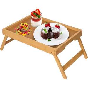 Artmeer Bamboo Folding Bed Tray Table - Home Organizer Rack, Foldable Legs Laptop Holder, Bedroom Eating & Snack Organizer Accessory