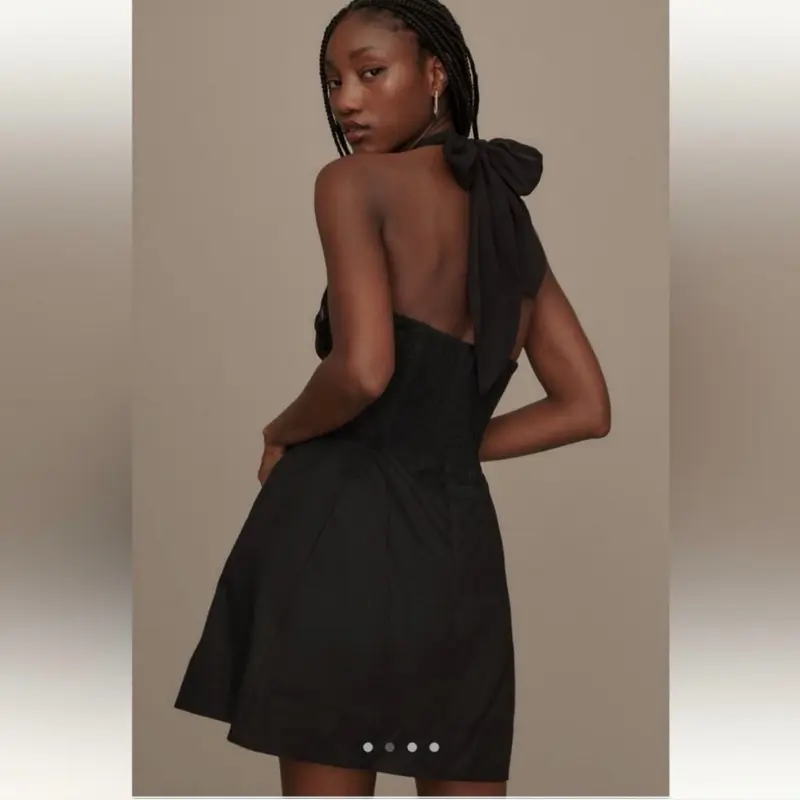 Anthropologie Maeve Medium Brand NEW with tags originally $158 black LBD  twist Ruched halter smocked fit and flare mini dress night out wedding  guest sorority party dress special occasion - TikTok Shop