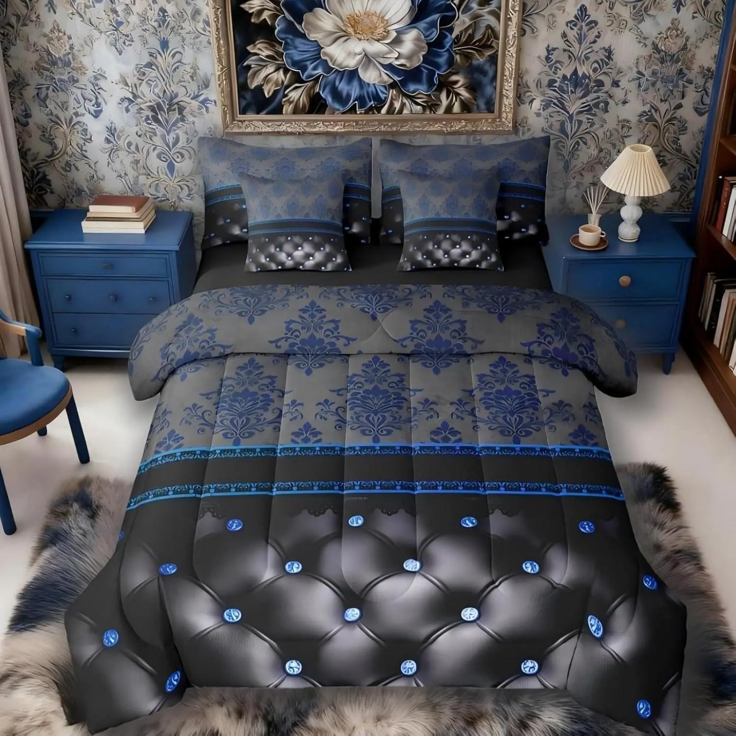 Feelyou 7-Piece Queen Size Blue Damask Fluffy Quilt Bedding Set - Breathable Luxury Black Diamond Texture Bohemian Comforter, Antique Gothic Vintage Floral Home Room House Decor, Machine Washable, Bedding Sets Collections, Bohemian Flair, Bedspread Set, Q