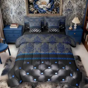 Blue Damask Bed Bag,Comforter Bed Set,7 Piece,Luxury Black Diamond Texture Pattern Bohemian Bedding Set,Antique Decor Gothic Vintage Floral Comforter Bed Set