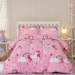 3PCS Rainbow Unicorn Printed Quilt Set (1 Quilt + 2 Pillowcases, Pillow Insert Not Included), with 200gsm quilt filling, featuring U-shaped quilting for softness and breathability. Ideal for bedroom, dormitory, or home decoration with multiple size option