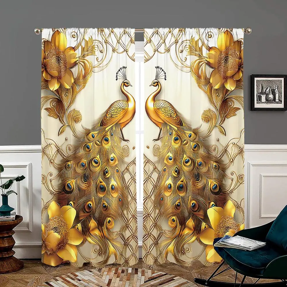 Golden Peacock Pattern Curtains, Lightweight Semi-Sunshade Polyester Fiber, Easy Hanging Pole Pockets Design, Anti-Privacy, Easy Clean, Home Decor