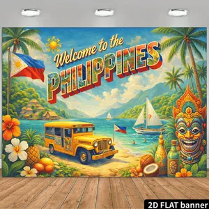 1PC,2D Flat Backdrop Philippines Themed Party Backdrop, Retro Tropical Beach Scenery with Jeepney & Philippine Flag, Ideal for Philippine Independence Day, Cultural Festivals, Travel - Inspired Hom