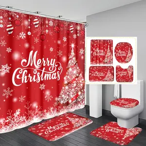 Multifunctional Christmas Bathroom Set, Theme Bath Curtain with Hooks, U-Shaped Mat & Round Toilet Pad, Festive Decorations
