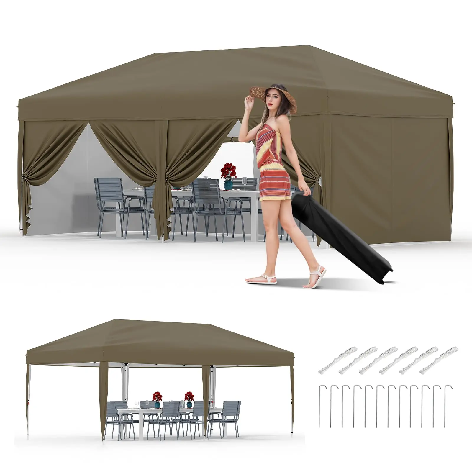 10x20 FT Heavy-Duty Pop Up Canopy Tent, Waterproof UPF 50+ Sun Protection Fabric, 6 Removable Sidewalls, Multi-Level Adjustable Height, Easy One-Person Setup, Equipped with Roller Bag and 4 Weight Bags, Commercial Grade Outdoor Shelter