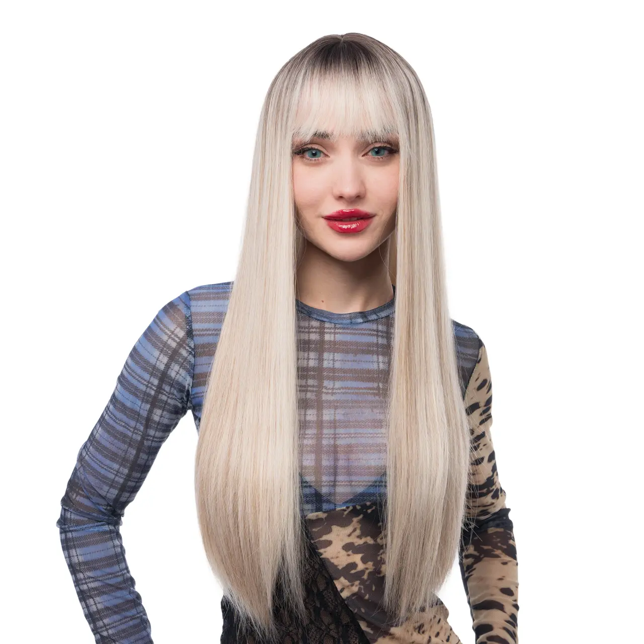 29-Inch Platinum Blonde Ombre (Dark Roots, Blonde Lowlights) Bone Straight Synthetic Wig | 【Heat Resistant】【Cap Included】 | #36 @21 51FSGB