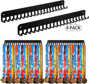 4 Pack Black Metal Sports Marathon Medal Display Hanger with 20 Pcs Hanging Hooks Over 160 Medals Easy to Install Shelf Rack Wall Mount Award Plaques for Gymnastics Running Marathon Soccer