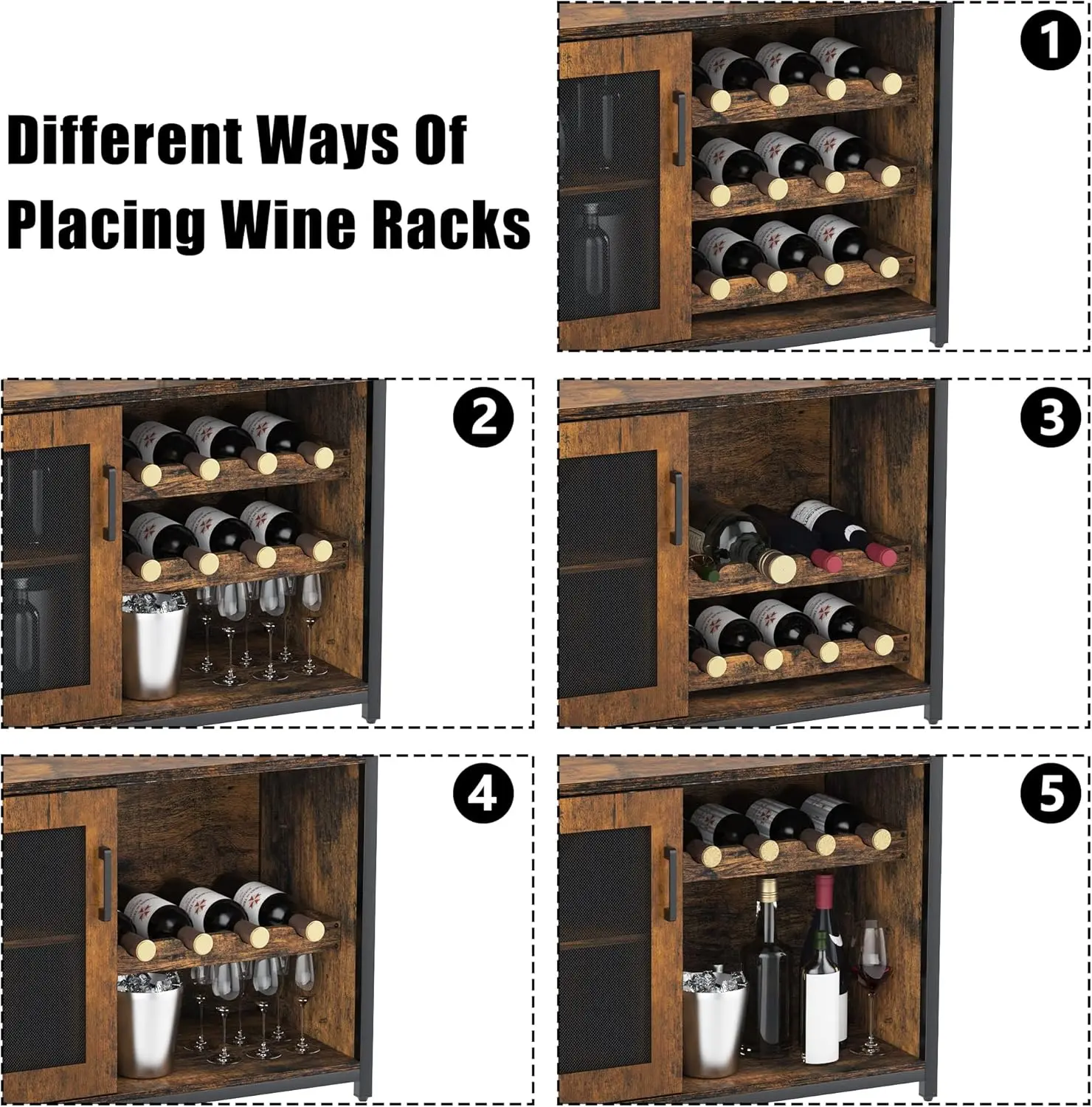 Farmhouse Brown Small Buffet Cabinets - Rustic Coffee Bar Cabinet for Dining Area, Kitchen, Quick Setup, Sturdy Base, Detachable Wine Rack, Glass Holder, Mesh Door, Adjustable Shelves, Easy to Clean, Assembly Required, Farmhouse Buffet Cabinets