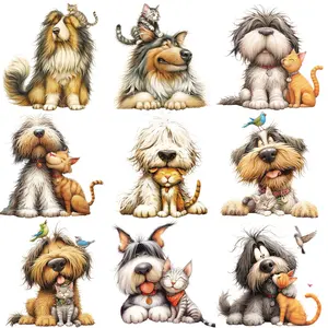 9pcs Dog & Cat Pattern Heat Transfer Stickers, High Elasticity Washable Vinyl Decals for DIY T-Shirts Backpacks Clothing Decorations, Modern Craft Decoration