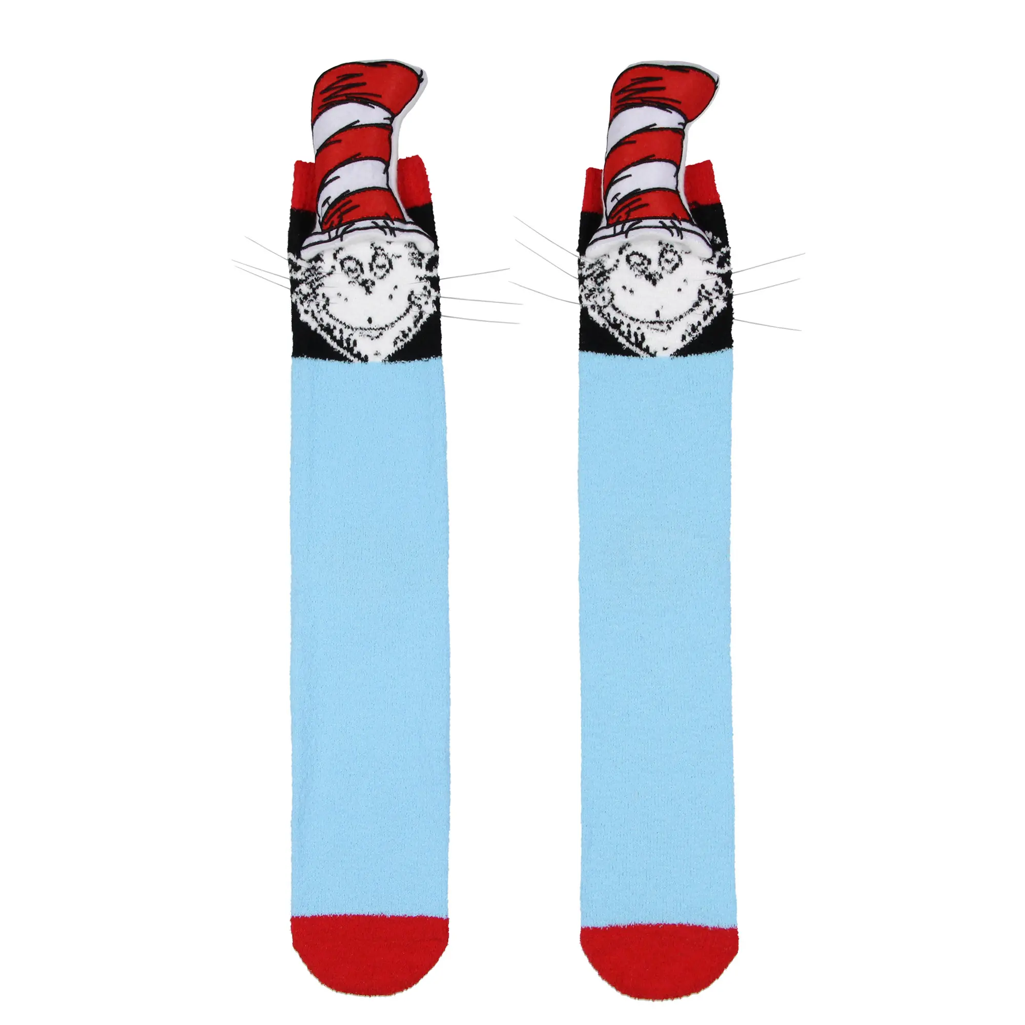 Dr. Seuss Cat in The Hat 3D Striped Hat Design Chenille Soft And Fluffy Men's Crew Socks, Cozy Feet