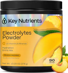 KEY NUTRIENTS Peach Mango Energy Drink Powder with Electrolytes No Sugar - Endurance & Energy Supplement - 125mg Natural Caffeine Powder, 2000mg Taurine, 5mg Zinc - Tropical Peach Mango Energy Powder Drink Mix