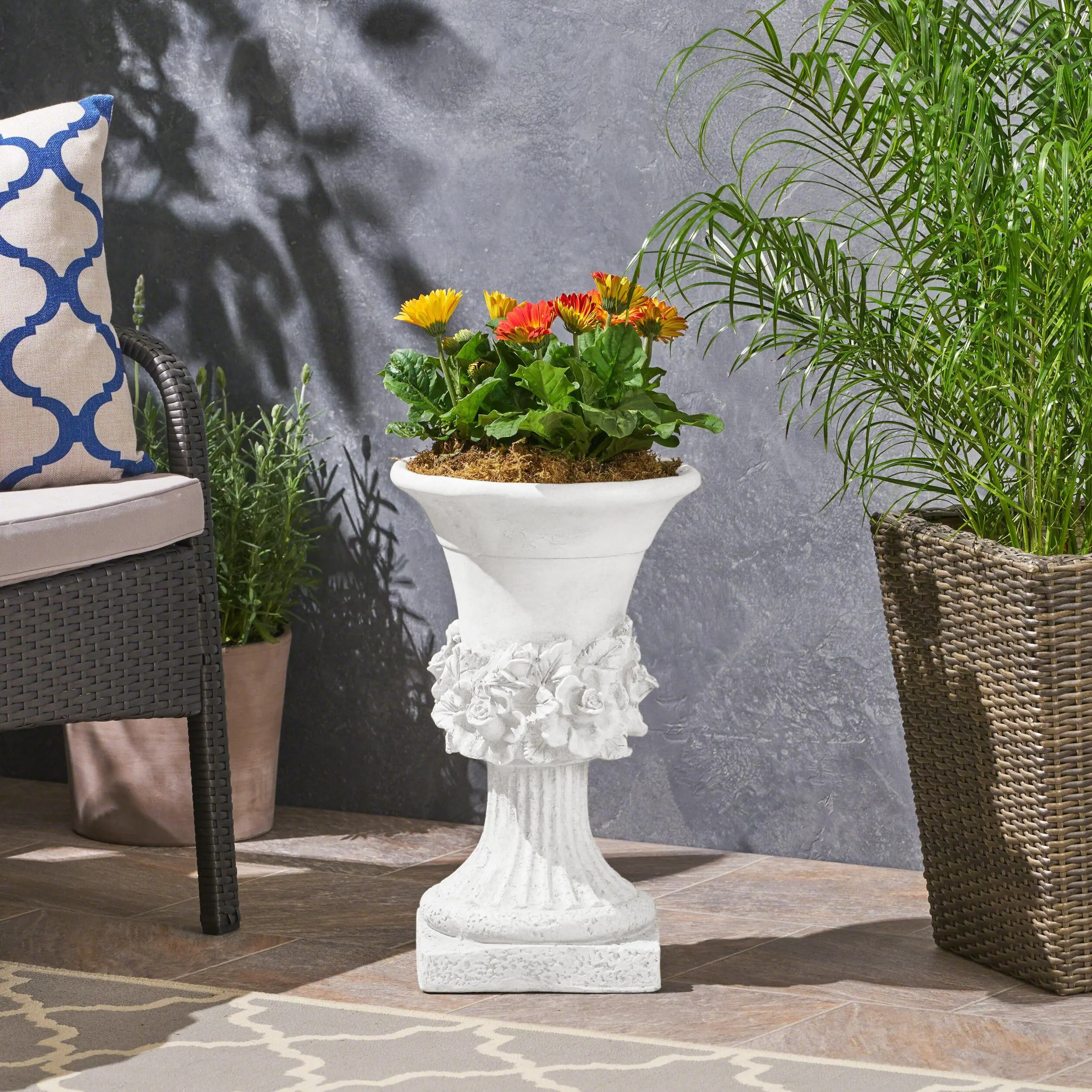 Decorative Garden Urn – 19.5" Tall, 9" Square Base. Lightweight Concrete – Easy to Move. Handmade – Slight Color Variation Possible. Perfect for Patio or Entryway