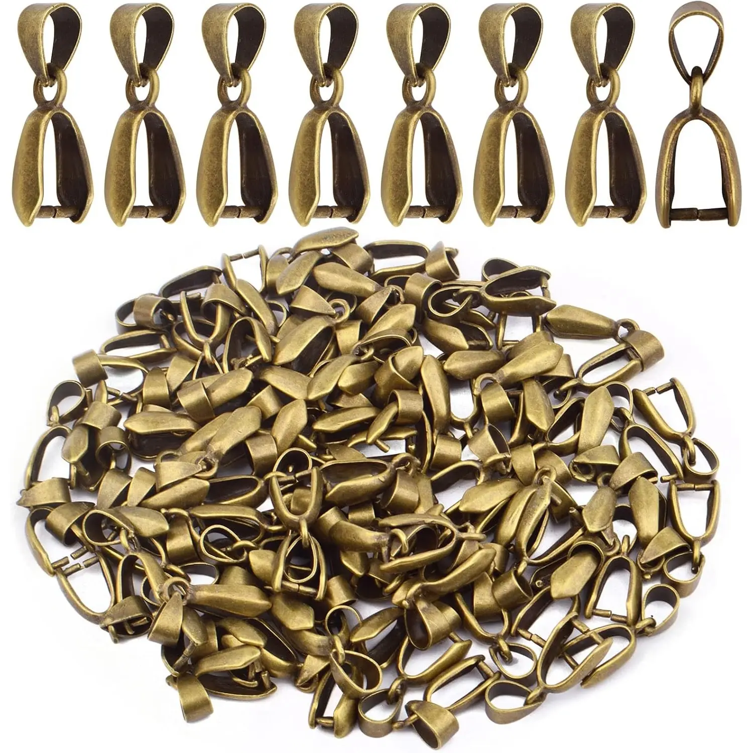 100pcs Bronze Pinch Clip Bail Clasps Brass Dangle Charm Bead Pendant Buckles Connectors Findings for DIY Necklace Crafts Jewelry Making Supplies Decor