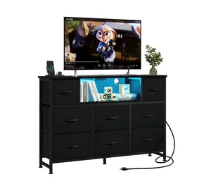 55 inch TV Stand Dresser, 8 Fabric Drawers Storage Organizer for Bedroom Living Room, LED & Charging Station, Black