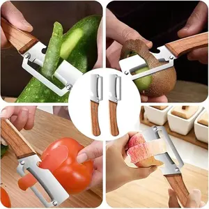 Multifunctional Premium Vegetable Peeler with Wood Handle and Bottle Opener, Stainless Steel Blade, Kitchen Tool for Fruits, Potatoes, Pumpkins, Papayas