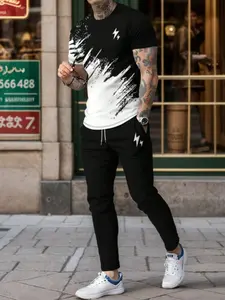 Men's Fashion Printed Round Neck Short Sleeve T-Shirt & Long Pants Set, Casual Loose-Fitting All Seasons Outfit