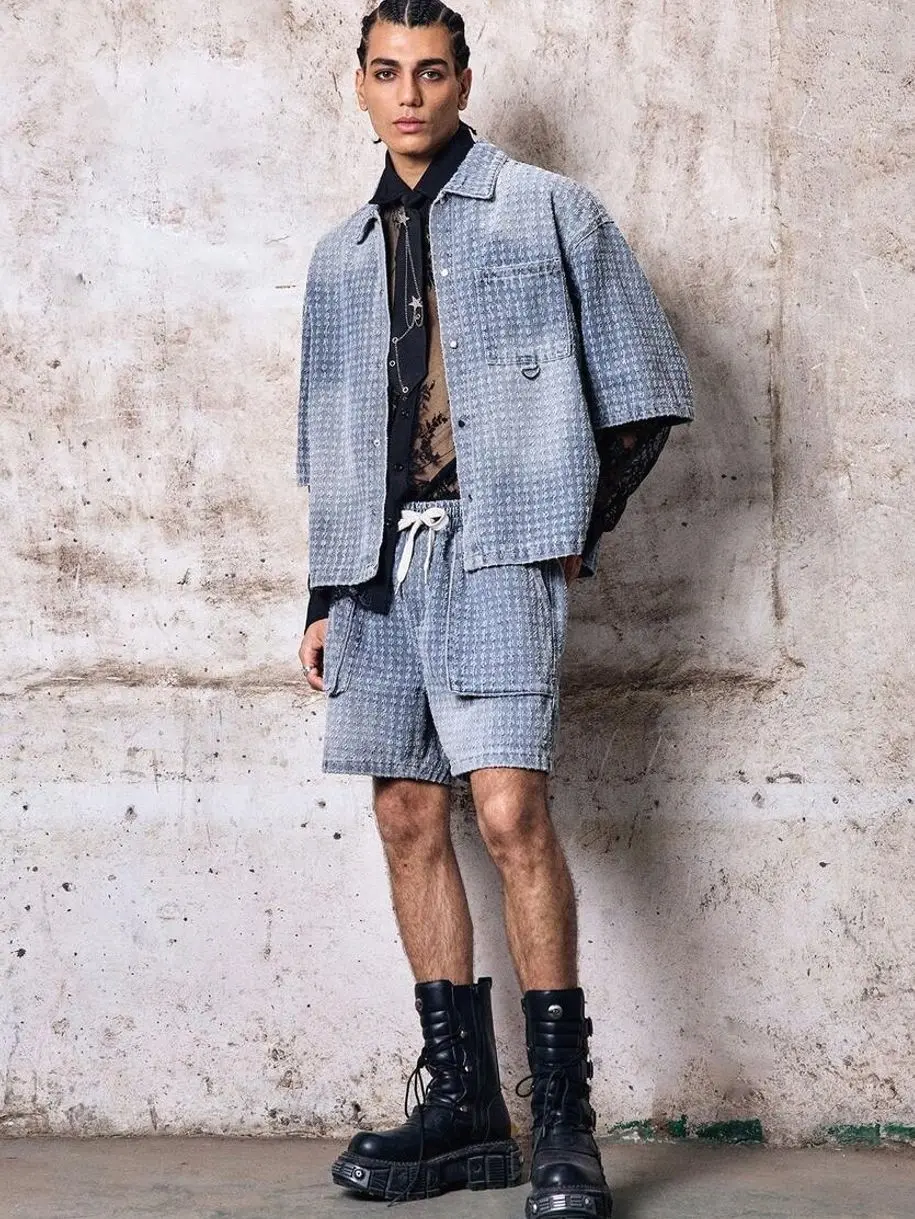 Men's 2 piece sets - Men's Crochet Patchwork Denim Set, Button-Down Shirt & Matching Jeans, Casual Streetwear Outfit men shorts summer clothing trending clothing trending clothes male clothing shorts for the summer men 2 piece sets vacation outfits