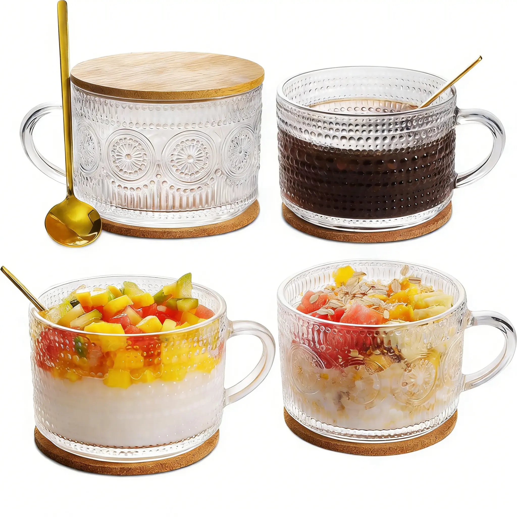 Vintage 4 Pcs Clear Glass Tea Mugs 14oz with Lids &Spoons Perfect Iced Coffee Tumbler Housewarming GiftDrinkware Large Capacity Striped Design Reusable Eco-Friendly - Bottled