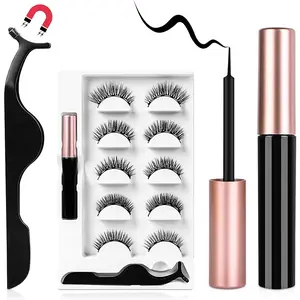 AOMIG Magnetic Eyelashes with Eyeliner Kit, 5 Pairs Natural Look False Eyelashes with Applicator, Waterproof Eyeliner Reusable Fake Lashes for Makeup Eyelashes Extension Black
