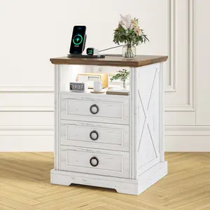 Dystler Night Stands with 3 Drawers, Smart nightstand with Charging Station, Farmhouse End Side Table with LED Light & Human Sensor and Open Storage for Bedroom, Living Room,White