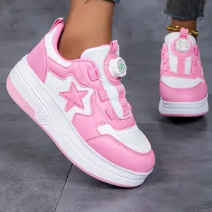 Girls' Pink Roller Skate Sneakers - Rotating Buckle Closure, Detachable Wheels, Round Toe, All-Seasons Support, Skater Training Footwear, Trendy Trainers