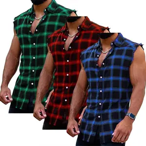 PASLTER  Men's Sleeveless Flannel Plaid Shirts Casual Button Down Cowboy Vest Shirts B1Y009 Cotton Tops Menswear