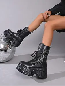 Cyberpunk Boots Women New Chunky Heel Motorcycle Boots Gothic Lace-Up Mid-Calf Boots, Stylish and Comfortable Thick Heeled Boots Fashion Shoes