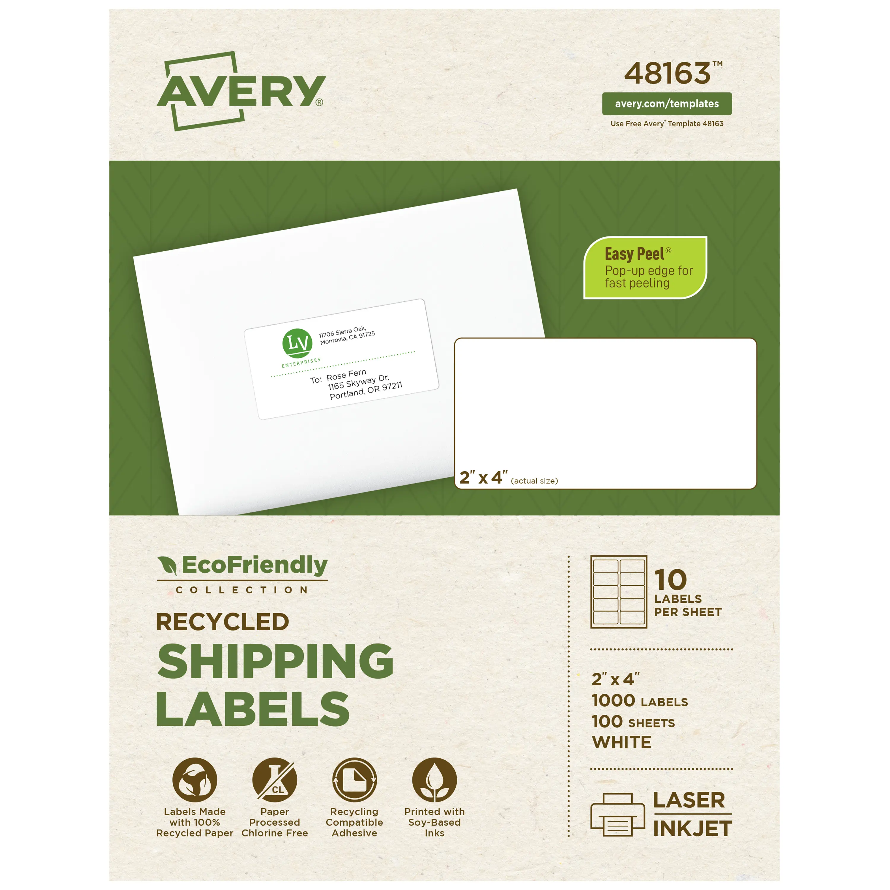 Avery EcoFriendly Recycled Shipping Address Labels, 2"x4" White Label Paper, Permanent Adhesive Stickers, Compatible with Laser & Inkjet Printers, 1000 Total (48163)