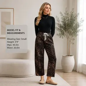 Leopard Print Barrel Jeans for Women Elastic High Waisted Wide Leg Pants