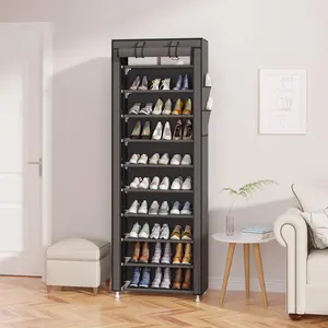 10-Tier Free Standing Shoe Rack Sturdy Shoe Rack Organizer for Closet Entryway Stackable Shoe Shelf with Dustproof Cover,Grey