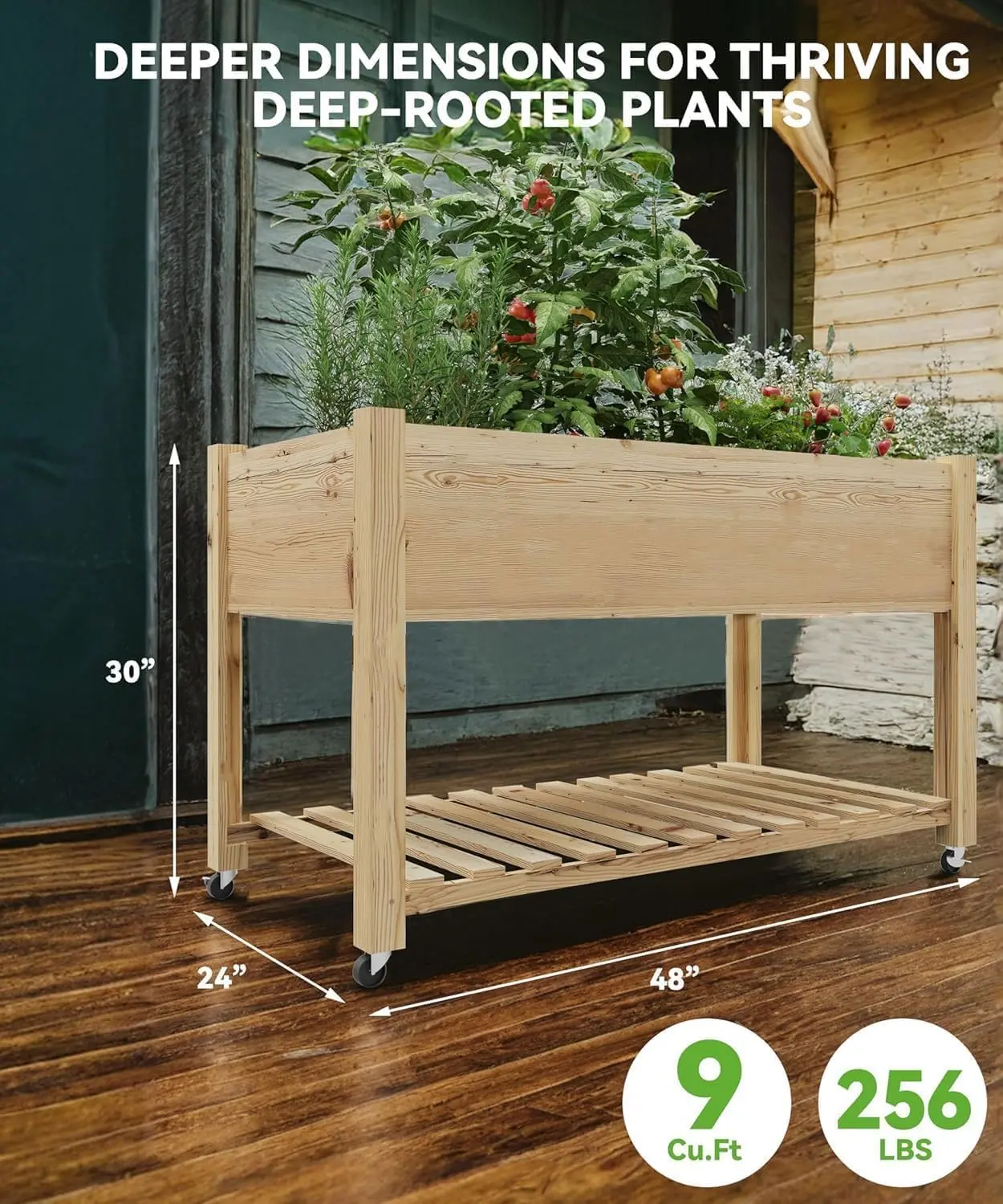 Gaomon Elevated Planting Boxes - 48 in L x 24 in W x 30 in H Tall Cedar Wood Planter, Locking Wheels, Bottom Storage Shelf, Waterproof Liner, Quick & Tool-Free Assembly, Indoor/Outdoor Herb Veggie Growing