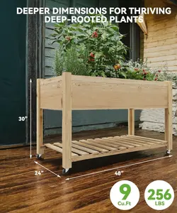 Gaomon 48x24x32 in Tall Cedar Wood Elevated Planting Boxes - Rustic Planter Box with Locking Wheels, Bottom Storage Shelf, Waterproof Liner, Tool-Free Easy Assembly for Indoor/Outdoor Herb Veggie Growing