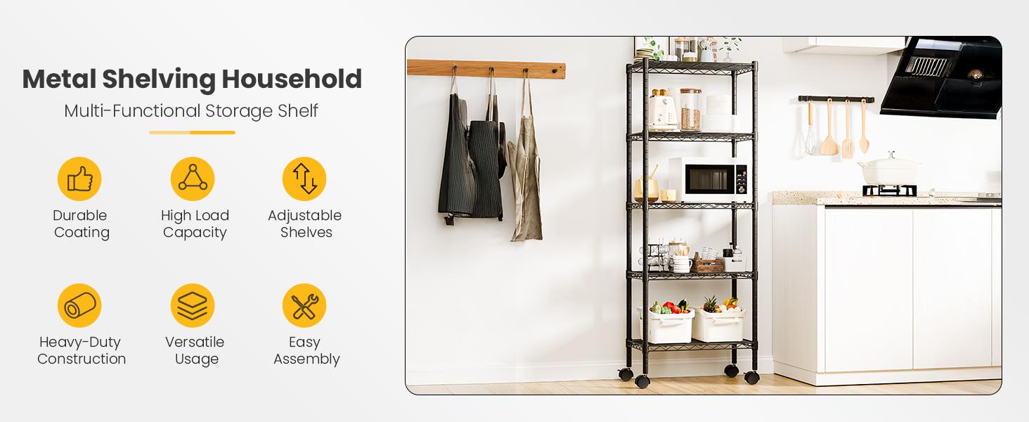 Sweetcrispy Store Durable Metal Steel Frame Rectangle Wire Shelf Unit (3-Layer/4-Tier/5-Tier) with Removable Casters, No-Tools Easy Assembly Rack for Garage Organization, Bathroom & Kitchen Storage, High Load Capacity