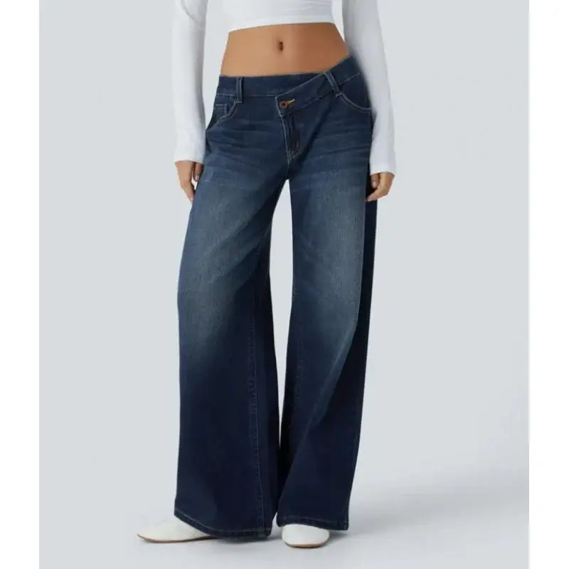 AsymmetricLowRiseZipperPocketsBaggyWideLegWashedCasualJeans#2025#fall#fallfasion