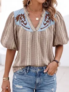 Chic Petal Retro Coastal Cowgirl Horse Embroidery Top Gingham Plaid Puff Sleeve Blouse Western Aesthetic Summer Shirt Vneck Womenswear,summervibes