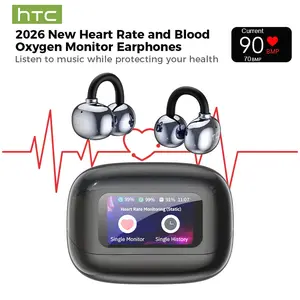 HTC NE41 Clip-On Ear Headphones ,Heart Rate Monitoring Earbuds, Blood Oxygen Monitoring Earbuds,Headphones for Music & Phone Calls, IPX5 Sport Waterproof & Sweatproof, with LCD Full Color Touch Screen, Bluetooth 6.0 Headsets, Heart Rate Health Management