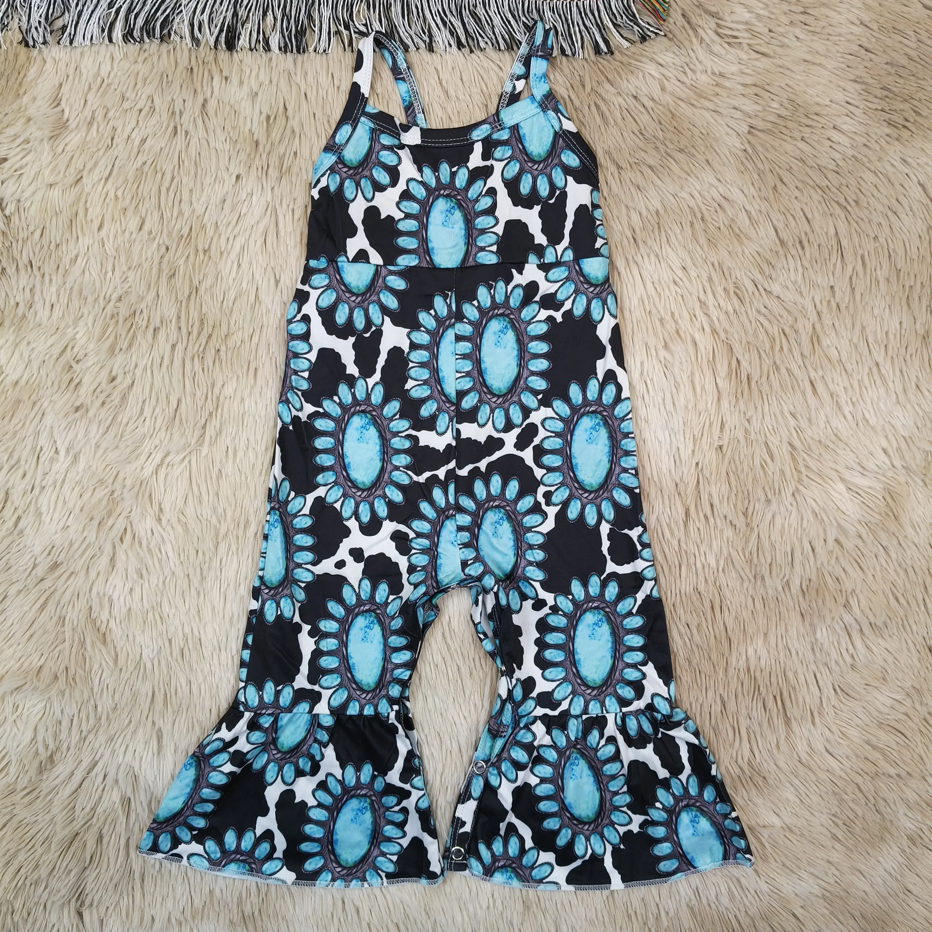 Girls' Western Toddler Jumpsuit - Spaghetti Straps, Cow Concho Print, Sizes 3-6M, 2T, Casual Wear, Sleeveless, 3T, Western Twist Jumpsuit, Strap Detail, One-Piece
