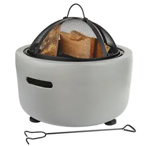 Barton MGO Concrete 18" Round Charcoal Patio Wood Burning Fire Pit with Grate and BBQ Grill Fire Bowl, Patio Fire Pit, Wood Burning Firepit