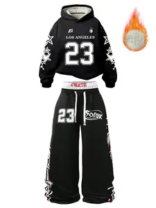 Men's Fall Winter Sports Set, Hooded Sweatshirt & Faux Two-Piece Wide Leg Pants, Plush Lining, Digital Print, Streetwear Style, Graphic Tracksuit