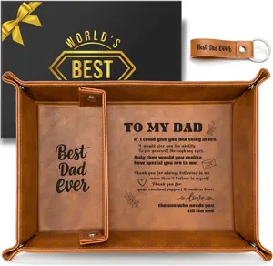 Best Dad Ever Gifts for Dad from Daughter Son – PU Leather Valet Tray and Keychain Set,Intimate Birthday Christmas Dad Gifts for Men,Husband or New Dad(Brown)