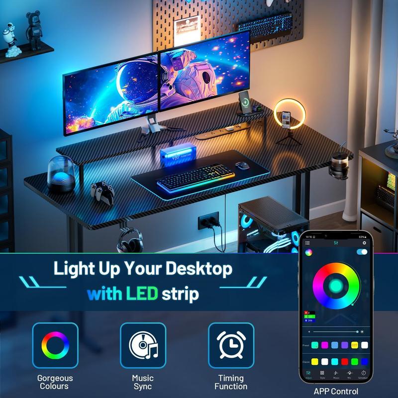 Ecofurnix,LED light game table & power socket, computer gaming desks & monitor stand, ergonomic carbon fiber game table, home office desk with cup holder, headphone hook and mouse pad, simple assembly