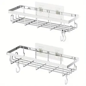 2 Pcs Heavy Duty No Drill Bathroom Wall Mount Shelves, Strong Load Bearing Hanging Storage Organizer, No Wall Damage & Tool-Free Easy Install, Ideal for Renters Small Bathroom Cosmetics Toiletries Home Organization Self-Adhesive Stainless Shower Set